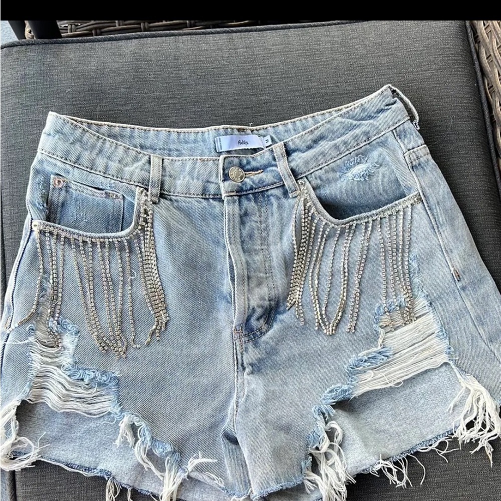 Adika Light Blue Jean Shorts with Rhinestone Fringe